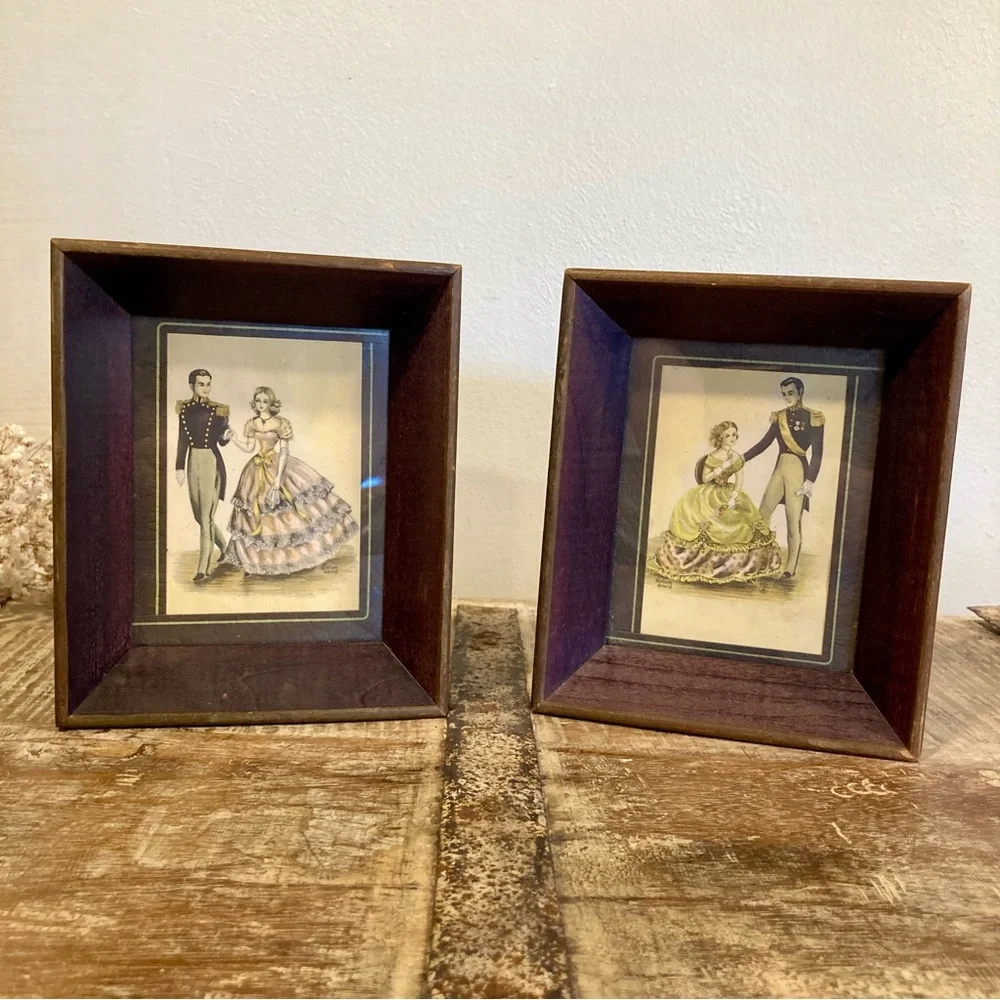 Pair Vintage Stan David 1970s Art Prints Featuring Victorian Couple Wood Frames